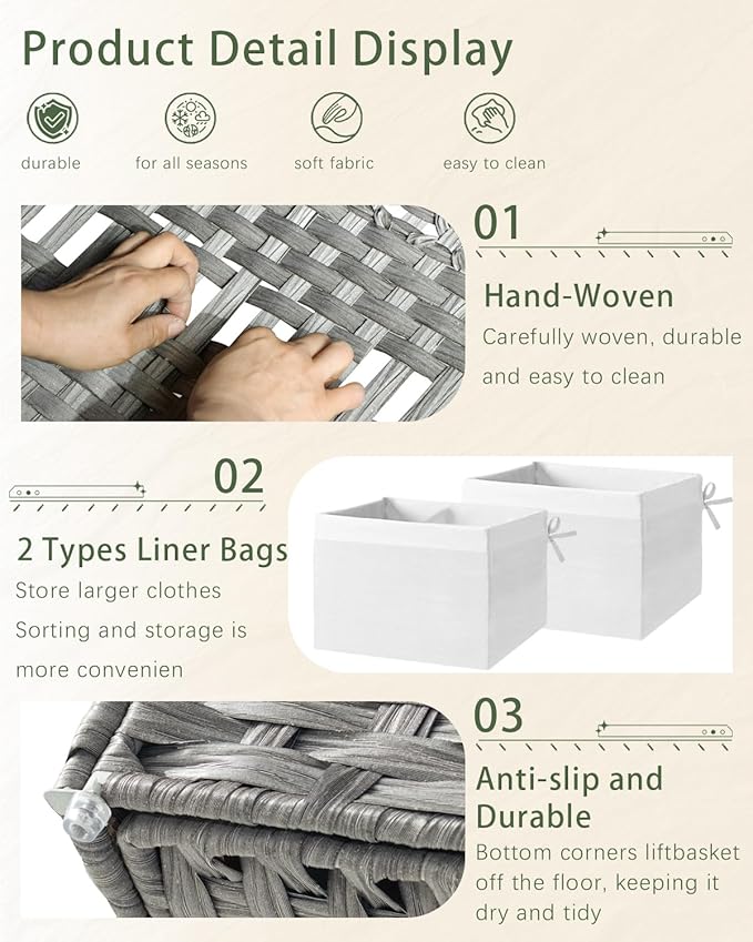 SETVSON Storage Basket with Lid Wicker Baskets for Storage, 160L Gray | Dual Lid Jumbo Blanket Storage Trunk, Divided Clothes Organizer, 2 Washable Liner Bags, Collapsible PE Rattan Bin