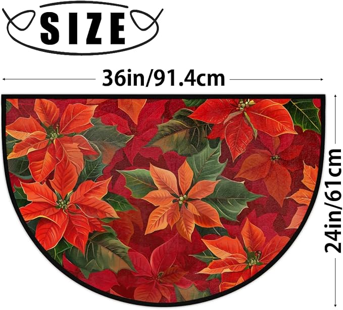 Christmas Doormat, Christmas Poinsettia Non-Slip Half Round Door Mat 24x36 Welcome Mats for Front Door, Area Rug Decorative Floor Mat for Indoor Outdoor Kitchen Entryway Low Profile