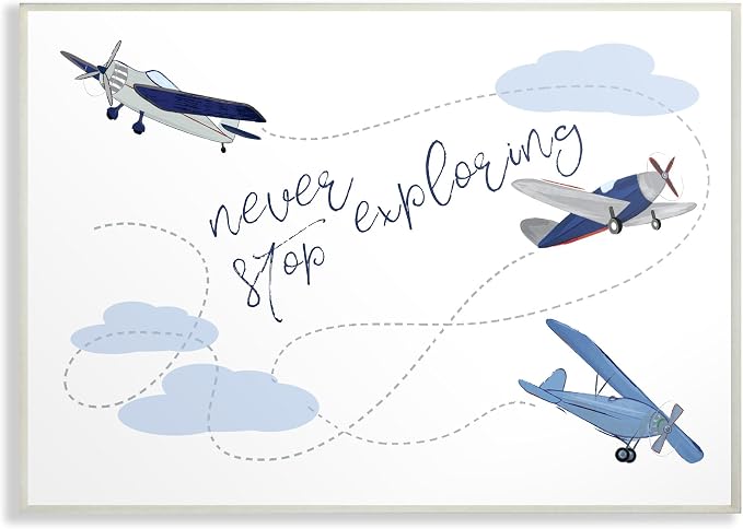 The Stupell Home Decor Collection "Never Stop Exploring Airplanes" Wall Plaque Art, Multicolor | Stupell Industries | 19 x 13 Inches, Easy to Hang and Sturdy, Made in USA, by Sweet Pea Studio