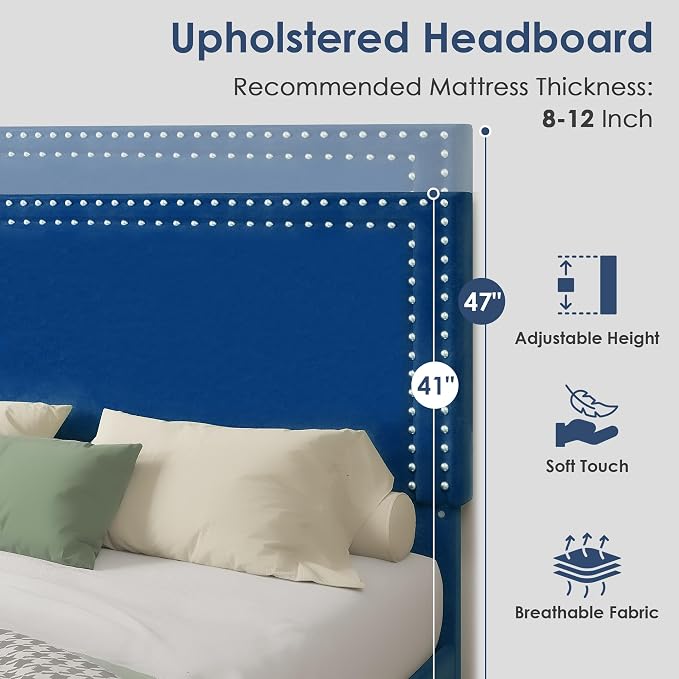 VECELO Full Size Platform Bed Frame with Height Adjustable Upholstered Headboard, Modern Mattress Foundation,Strong Wood Slat Support, No Box Spring Needed, Easy Assembly,Dark Blue