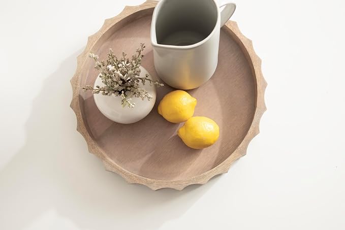 Kate and Laurel Lissi Decorative Round Tray with Wavy Design; 15 Inch Diameter; Natural Wood; Modern Scalloped Circle Serving Tray for Coffee Table Ottoman; Dining Table; or Entryway Tray