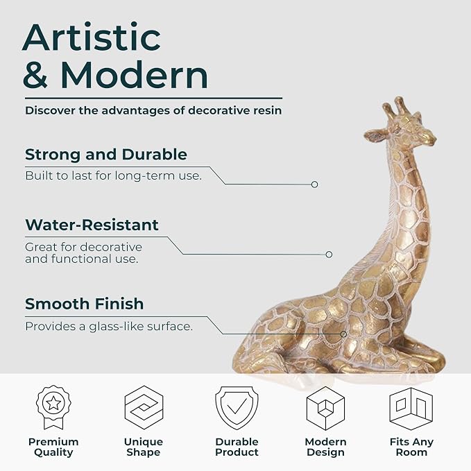 Sitting Giraffe Decorative Figurine – Tall Animal Resin Decor & Sculpture Accent – Figurines & Sculptures Home Decor for Office, Bedroom, Living Room – 7.5" x 10", Gold