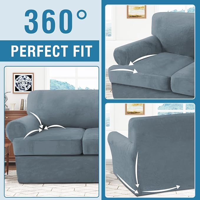 H.VERSAILTEX Sofa Cover 4 Piece T Cushion Sofa Slipcovers Thick Velvet Couch Cover Furniture Protector Stretch Sofa Covers for 3 Cushion Couch with 3 Individual Covers Washable, Stone Blue