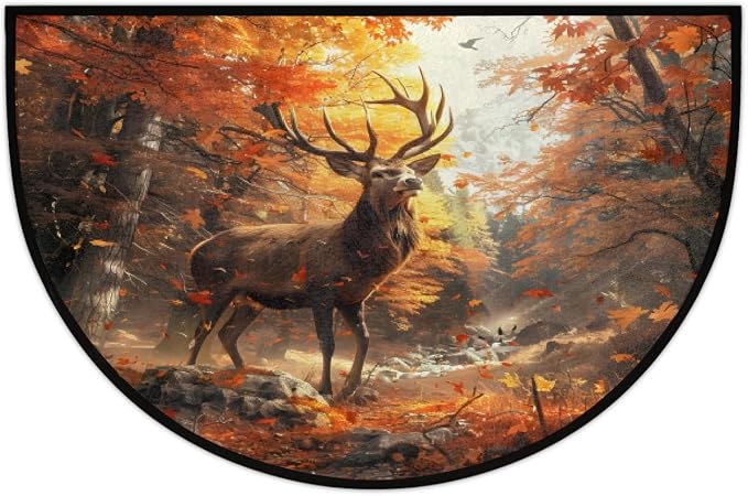 Deer Half Round Doormat Non-Slip Semi Circle Rug Half Moon Mat | Autumn Forest Gold Washable Soft Absorbent Indoor Outdoor Entrance Kitchen Bathroom Sink Patio Welcome Fireplace Floor Rug