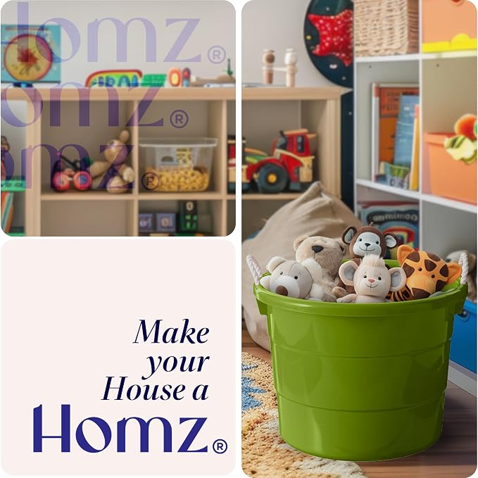 Homz 2 Pack of 17 Gallon Storage Buckets, Durable Plastic Containers, Sturdy Rope Handles, Large Tubs for Sports Equipment, Party Cooler, Gardening, Toys and Laundry, Bold Lime