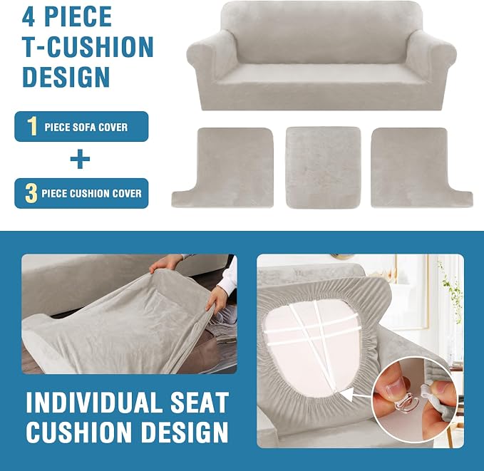 H.VERSAILTEX Sofa Cover 4 Piece T Cushion Sofa Slipcovers Thick Velvet Couch Cover Stretch T Cushion Sofa Covers for 3 Cushion Couch with 3 Individual T Cushion Covers Washable, Oatmeal
