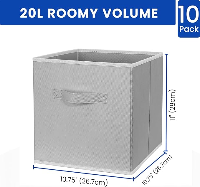 Criusia Storage Cubes, 11 Inch Cube Storage Bins for Shelves (10 Pack), Fabric Collapsible Storage Bins with Dual Handles, Foldable Cube Baskets for Magazines, Closet Organizers and Storage Box (Grey)
