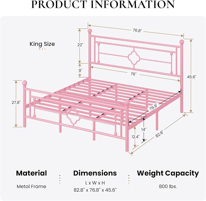 SHA CERLIN 14 Inches King Size Metal Platform Bed Frame/Vintage Iron-Art Headboard and Footboard/Mattress Foundation for Storage/No Box Spring Needed/Noise-Free/Easy Assembly/Pink