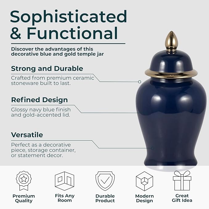 Ceramic Temple Jar with Lid for Living Room Decor - Contemporary Flower Vase for Bedroom, Home Styling, and Kitchen Counter - Sculpted House Accent for Office and Table Decor - 18", Blue & Gold