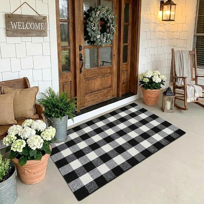 Buffalo Plaid Rug 3' x 5' Black and White Front Door Mat Reversible Layered Porch Rug Washable Hand Woven Cotton Area Rug for Indoor Outdoor Entryway Patio Porch Decor