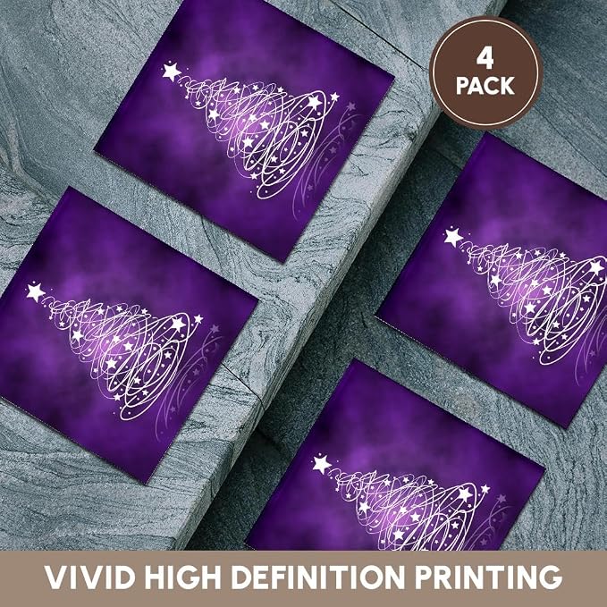 3dRose Sparkling Christmas Tree on Purple - Ceramic Tile Coasters, Set of 4 (CST_128256_3)
