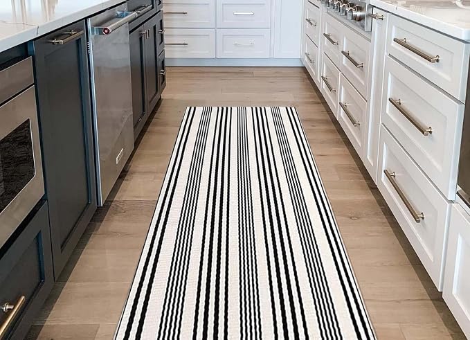 BUAGETUP Black and White Striped Hand-Woven Cotton Runner Rug 2x6ft Machine Washable Indoor Outdoor Doormat for Front Porch Entryway Rug