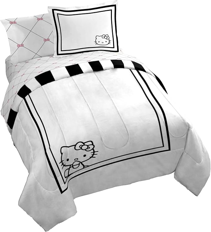 Sanrio Hello Kitty King Comforter Set 7 Piece Bedding for Girls, White | Bed in a Bag, Comforter Sheets Shams Pillowcases, Official Product, Soft Microfiber, Machine Washable, Girls Gift