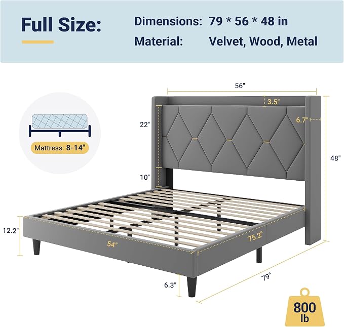Allewie Full Size Bed Frame with Storage Headboard & Charging Station | Diamond Tufted Design & Gold Trim, Velvet Upholstered Platform Bed, No Box Spring Needed, Easy Assembly, Noise-Free, Grey