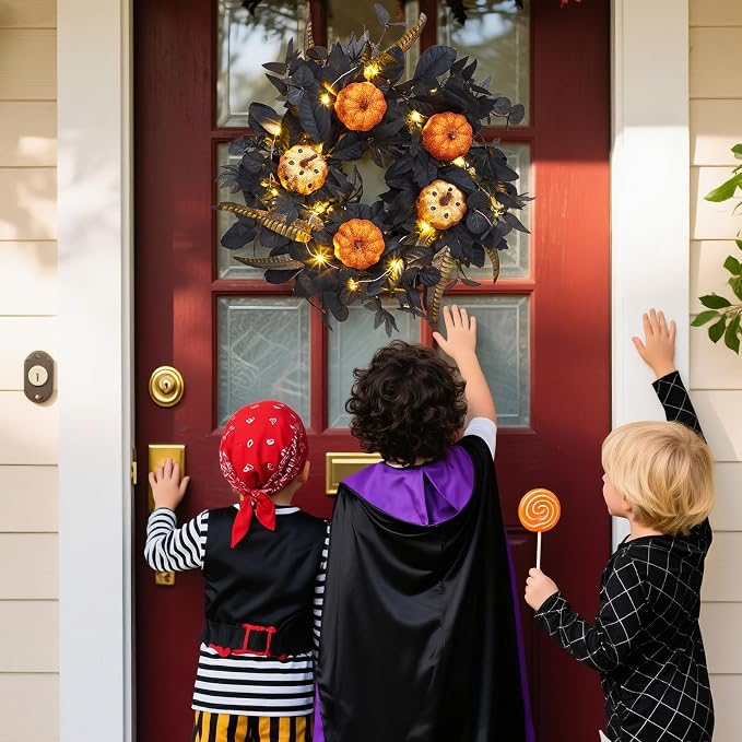 GarveeHome Halloween Wreath for Front Door, 18 in Fall Wreath with Pumpkins and Maple Leaves for Indoor Outdoor Wall Window Porch Patio Garden Farmhouse Home Party Prom Decoration