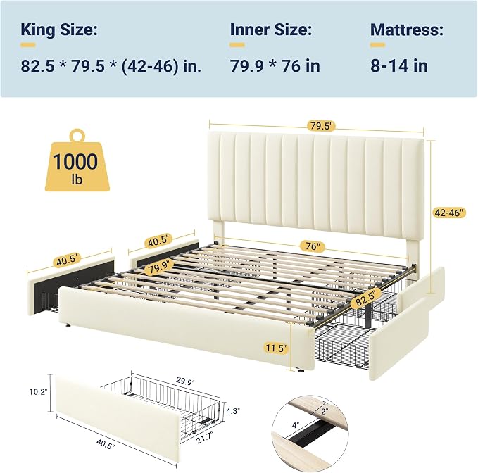 Allewie King Size Storage Bed Frame, Vertical Channel Tufted Adjustable Headboard, Velvet Upholstered Platform Bed with 4 Oversized Underbed Drawers, Wooden Slats Support, No Box Spring Needed, Cream