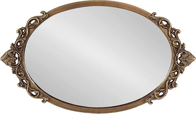Kate and Laurel Arendahl Vintage Oval Mirrored Decorative Tray; 17 x 10; Antique Gold; Traditional Ottoman Tray for Living Room Home Decor with Ornate Detailing