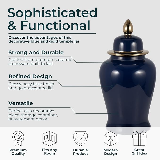 Ceramic Ginger Jar Vase – Decorative Accent Storage and Display, for Entry, Living Room, or Dining Room Placement, Chinoiserie Vases Statement Design for Collected Home Decor – 24", Blue Chinoiserie