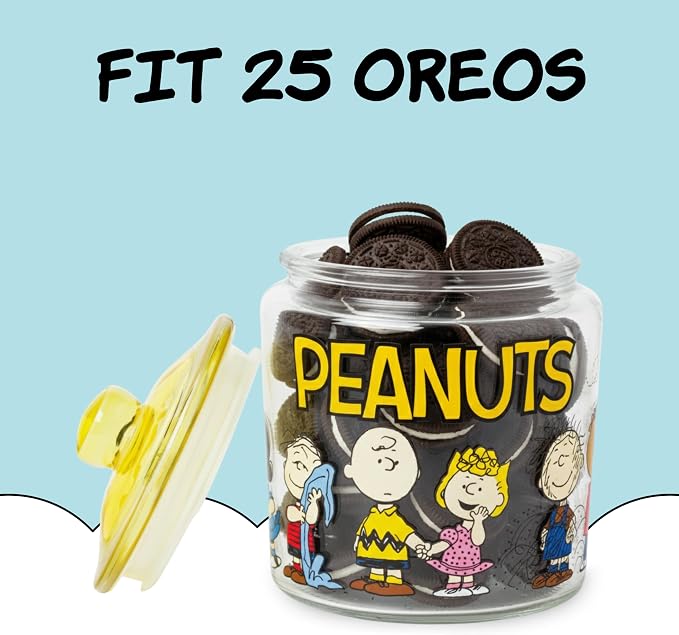 Silver Buffalo Peanuts Squad Featuring Snoopy, Glass Jar with Lid | Cookie Snack Candy Jar, Featuring Charlie Brown, Schroeder, Lucy, Linus, Sally, Pigpen, Woodstock, and Franklin, Small Size