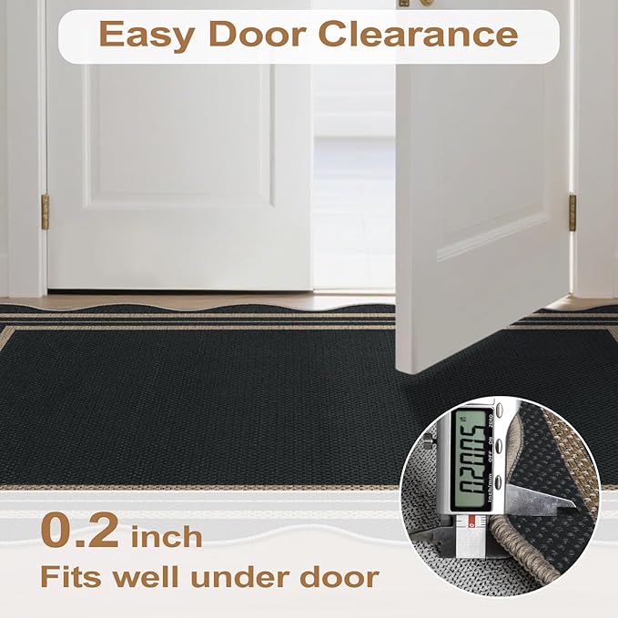 Scalloped 2.6x8 Kitchen Runner Rug, Washable Rugs for Entryway Non Slip Outdoor Indoor Black Long Rug, Farmhouse Morden Carpet for Hallway Bedroom