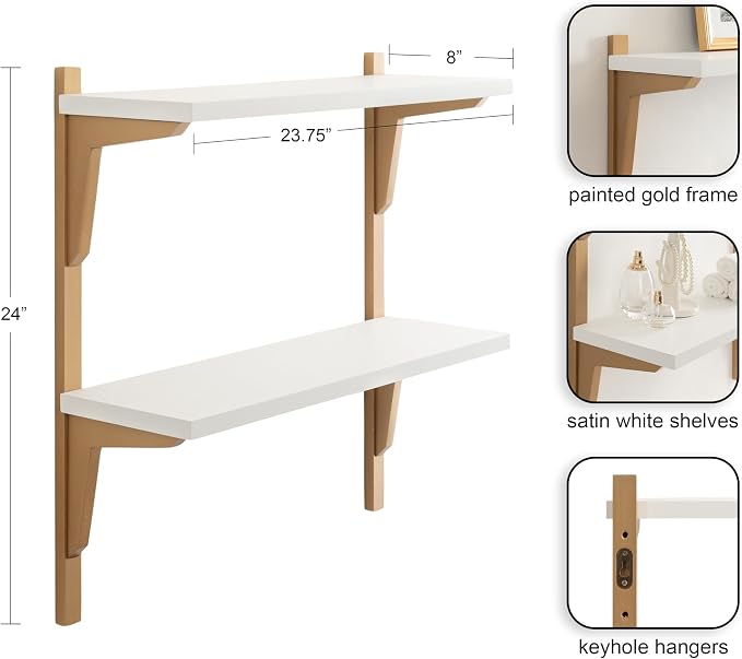 Kate and Laurel Meridien Modern Two-Tier Wooden Shelves, 24 x 8 x 24, White and Gold, Stunning Tiered Wall Shelf for Storage and Display as Cute Nursery Shelving or Bedroom Storage