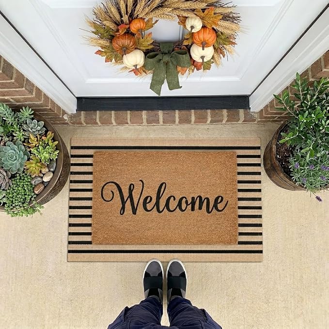 LEEVAN Outdoor Door Mat 2'x3' Washable Welcome Mat Woven Black and White Entryway Rug Farmhouse Front Porch Decor Outside Entrance Striped Outdoor Floor Mats