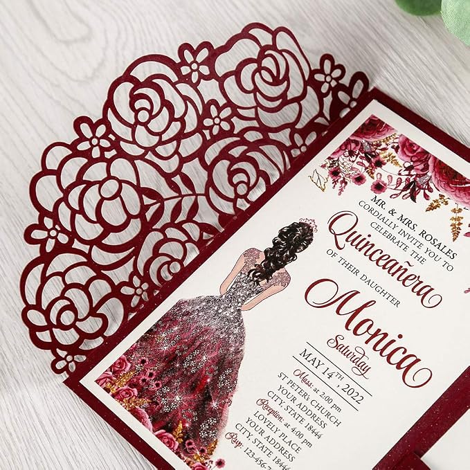 50PCS Customized Burgundy Quinceanera Invitations with Envelopes | 4.7x7 inch, Laser Cut, Invitation Cards for Miss XV, Sweet 16, 18th Birthday, Quince Invite,Quinceanera invitations, XV Anos