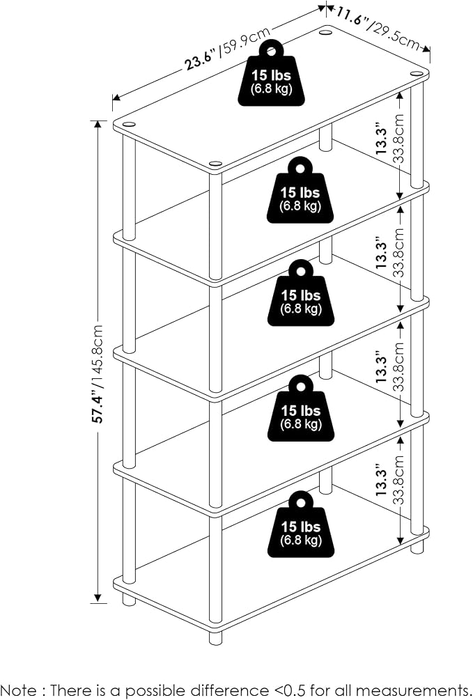 Furinno TURN-N-TUBE Storage Shelves, 5-Tier Book Shelf, Corner Shelf, Toolless Open Shelves, for Organization and Storage, Living Room, Garage, Home Office, Sonoma Oak