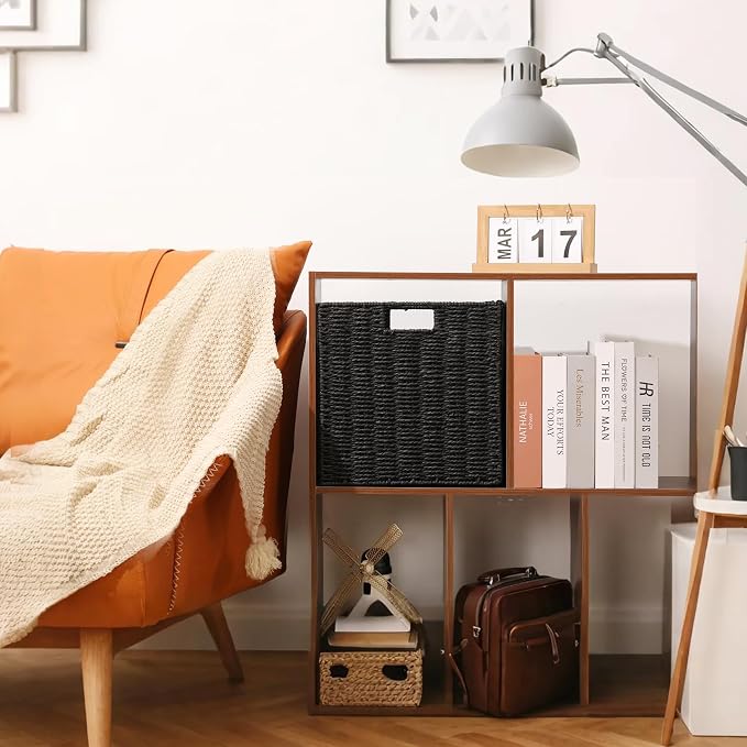 Set of 2 Hand-Woven Paper Rope Wicker Baskets, Storage Basket, Foldable Cube Storage Bins, Black Storage Cubes, Square Baskets for Organizing Shelves Decor, 12x12x12in
