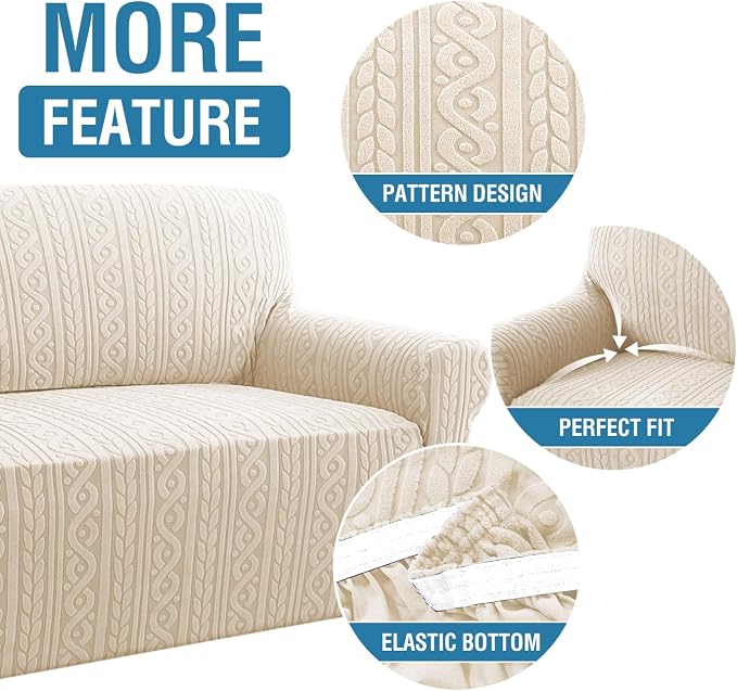 H.VERSAILTEX Sofa Cover 1 Piece Stretch Couch Covers for Sofa Anti-Slip Slip Covers for Sofas/Couches Soft Dogs Slipcovers Washable Upgrade Thick Jacquard Fabric with Spiral Pattern(58"-70", Ivory)