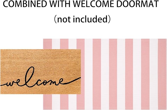 3'x5' Outdoor Rug, Washable Pink and White Striped Porch Rug Cotton Woven Farmhouse Front Door Mats for Porch/Entryway/Home Entrance Decor/Bedroom/Laundry Room/Patio/Front Door