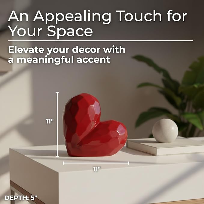 Decorative Ceramic Heart Sculpture for Home Decor - Ornament for Bathroom, Office, and Living Room Decor - Modern Figurine Accent for Bedroom, Shelf Display, and Coffee Table - 12", Red