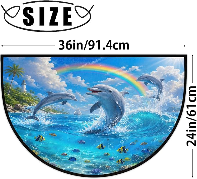 Dolphin Ocean Rainbow Half Round Mat Half Moon Door Rug Washable Durable Semi Circle Carpet Floor mats for Indoor Outdoor Bathroom Kitchen Patio Hearth Rug Laundry Room Home Decoration