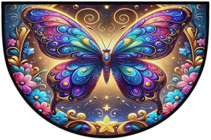 Pardick Half Round Doormat Butterfly Galaxy Floral Semi Circle Rug Non Slip Indoor Outdoor Entrance Half Moon Rug Washable Front Floor Mat for Kitchen Bathroom Patio Fireplace Holiday Decor