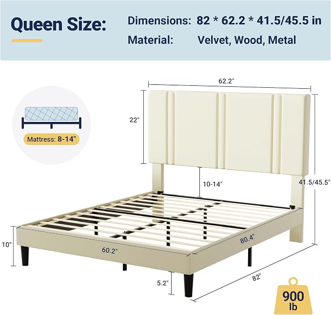 Allewie Queen Platform Bed Frame with Adjustable Headboard | Plush Velvet Upholstered, Vertical Channel Tufted, Sturdy Wood Slats, No Box Spring Needed, Easy Assembly, Cream