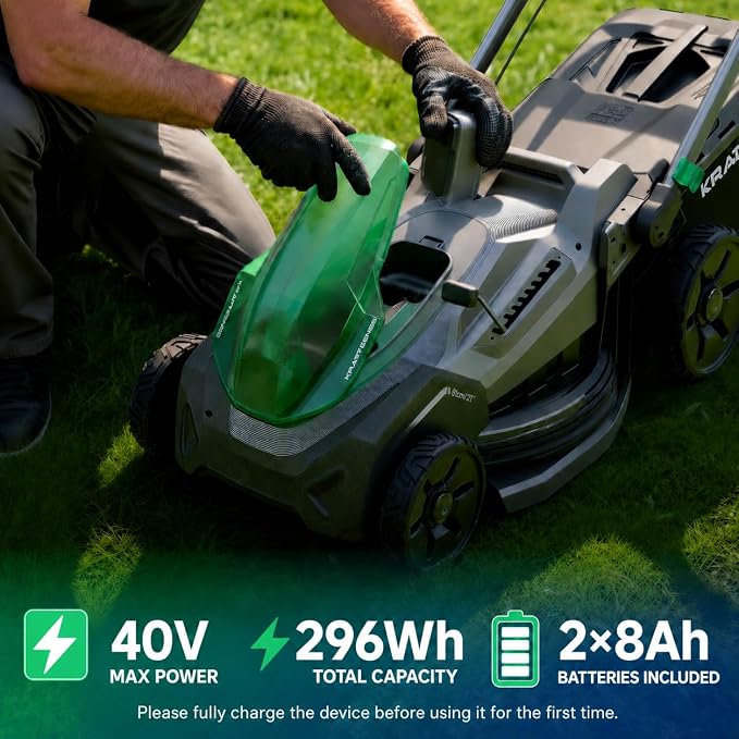 21" 40V Max Brushless Cordless Electric Push Lawn Mower | Includes two 20V Max 8.0Ah batteries and charger; 296Wh total rated energy and 3-in-1 mowing for medium-to-large yards.