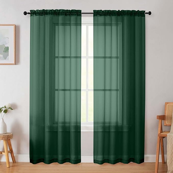 Hunter Green Sheer Curtain for Bedroom Living Room 72 Inches Long 2 Panels Set, Solid Soft Airy Light Filtering Sheer Window Curtains, Rod Pocket Door Curtain, Hunter Green, 42"Wx72"L Inches