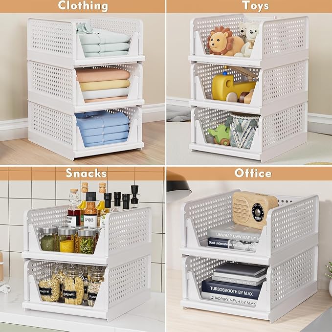 caktraie 8 Pack Stackable Closet Storage Basket - Stackable Storage Bins | Multifunctional & Foldable Closet Organizer Waterproof, Wardrobe Cupboard Space-Saving Storage Drawer Organizer