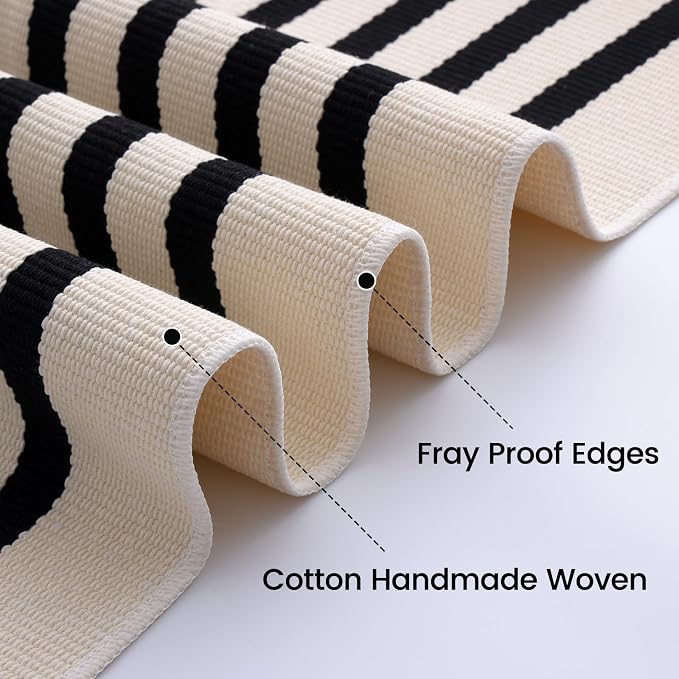 OLANLY Beige and Black Striped Rug 2' x 3' (24" x 36") – Washable Cotton Doormat for Indoor Outdoor Use, Layered Front Porch Rug for Entryway, Kitchen, Patio