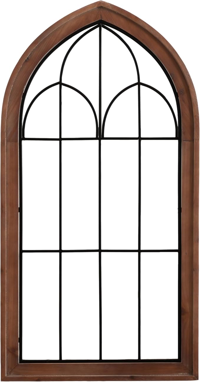 Kate and Laurel Rennell Farmhouse Arched Wall Art Plaque; 19 x 36; Walnut Brown and Black; Wood and Metal Windowpane Wall Decor for Use as Fireplace Mantel Decor or Entryway Wall Accent