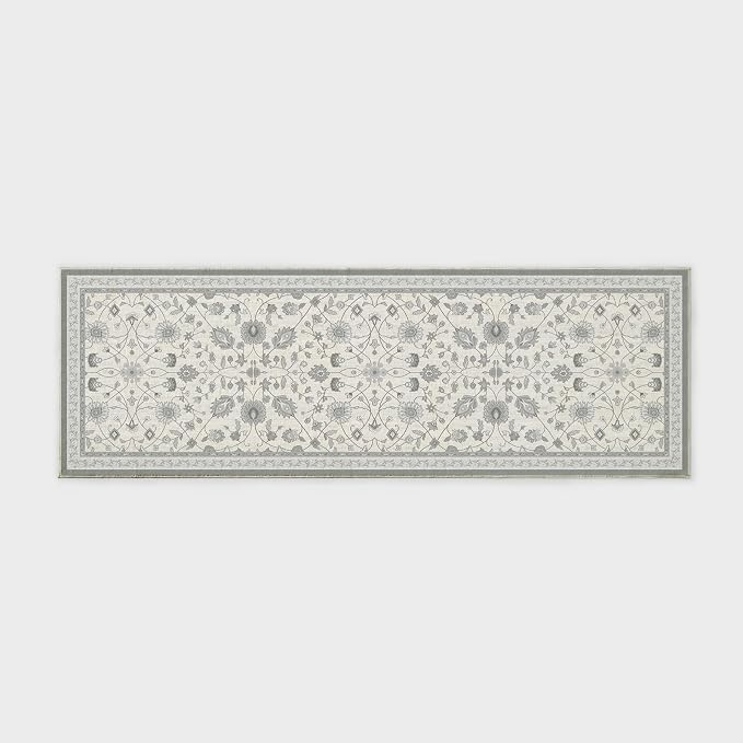 EVERGRACE Hallyway Area Runner Rugs 2x6, Boho Floral Faux Wool Indoor Outdoor Rugs, Washable Rugs for Bedroom Bathroom Living Room Kitchen, Low Pile Floor Mat Carpet for Home Decor, Cool Gray