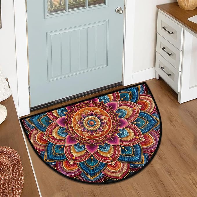 Mandala Half Round Door Mat Semi Circle Rug Half Moon Doormat | Soft Washable Colorful Geometric Welcome Entrance Mat for Outdoor Indoor Floor Bedroom Bathroom Home Kitchen Festival Decor
