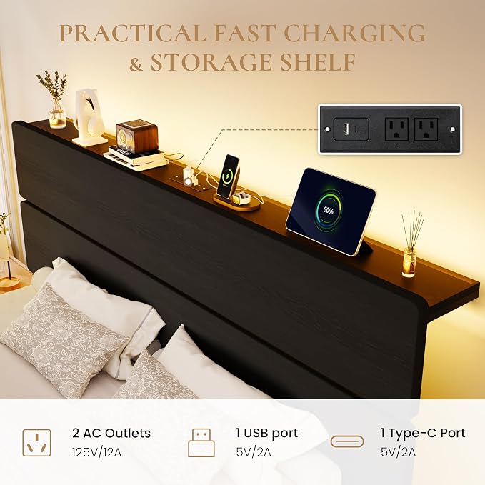 SHA CERLIN King Size Bed Frame, Led Light, Charging Station, Storage Shelf | Wooden Headboard, Heavy Duty Slats Support, Metal Platform Bed, Under Bed Storage, No Box Spring Needed, Noise Free, Black