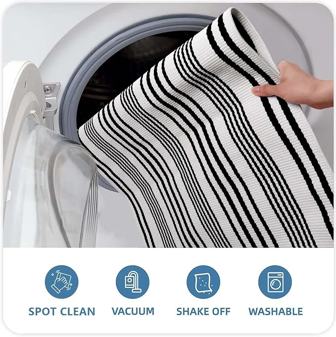 OJIA Front Door Mat 24"x35" Welcome Mat Black and White Outdoor Rug Doormat | Cotton Woven Front Door Rug Washable Indoor Door Mat Outside Entrance Striped Rug for Fall Porch Decor/Farmhouse/Entryway