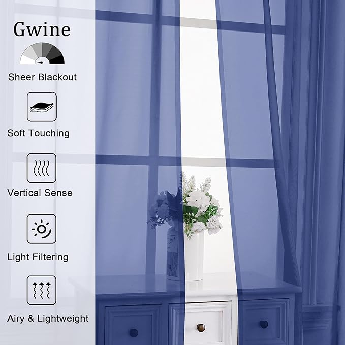 Gwine Royal Blue Sheer Curtain Tiers 24 Inch Length, Light Filtering Voile - Image 3