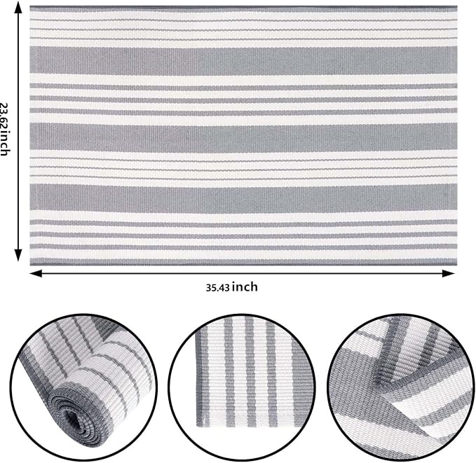 Grey and White Striped Doormat 24'' x 35'' Front Porch Rug Machine Washable Indoor Outdoor Doormat for Front Porch Hand-Woven Entryway Rug for Laundry/Bathroom/Bedroom