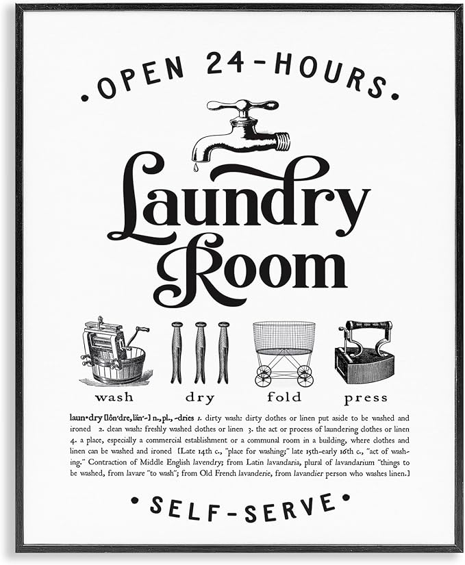 Stupell Industries Vintage Laundry Room Definition Wash Dry Fold, Designed by Lettered and Lined Black Framed Wall Art, White