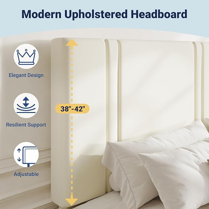 Allewie California King Size Platform Bed Frame with Adjustable Headboard | Plush Velvet Upholstered, Vertical Channel Tufted, Sturdy Wood Slats, No Box Spring Needed, Easy Assembly, Cream