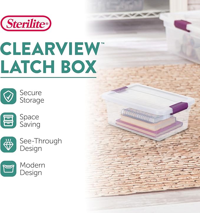 Sterilite 36-Pack ClearView Latch Box, Stackable Storage Organizer Bins for Home, 6 Quart | Clear Plastic Organizers with Color Accent Latches for Closet, Bedroom, Shelving Units, Dorm Room and Home Organization