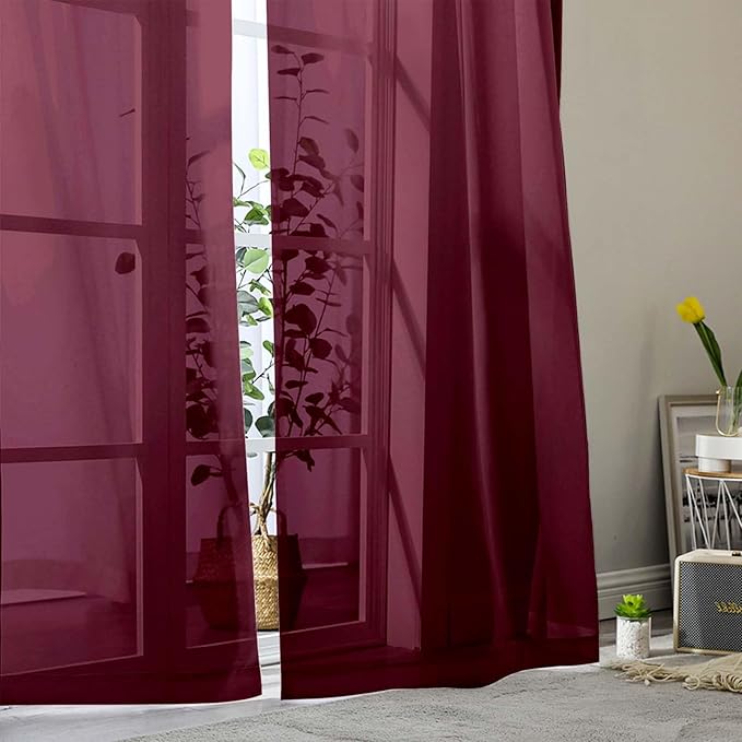 Burgundy Sheer Curtains for Bedroom Living Room 45 Inch Length 2 Panels, Soft Airy Light Filtering Small Kitchen Window Curtains, Rod Pocket Short Curtain Drapes, Burgundy, 42" Wx45 L Inches
